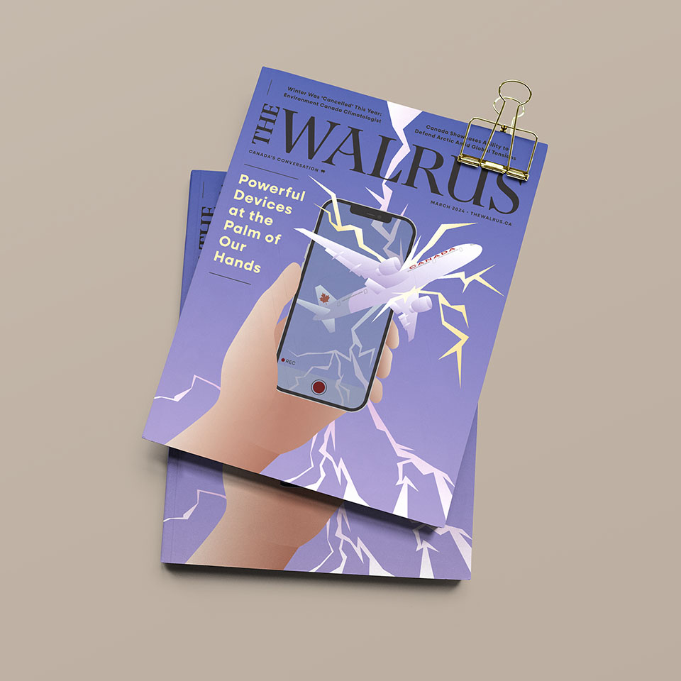 Image of an editorial illustration of a plane being stuck by lightning while being recorded on a phone.
